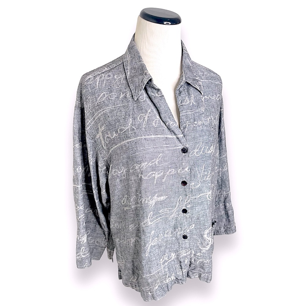 Chicos Dark Chambray Print Button Front 3/4 sleeve Linen size 2 blue grey